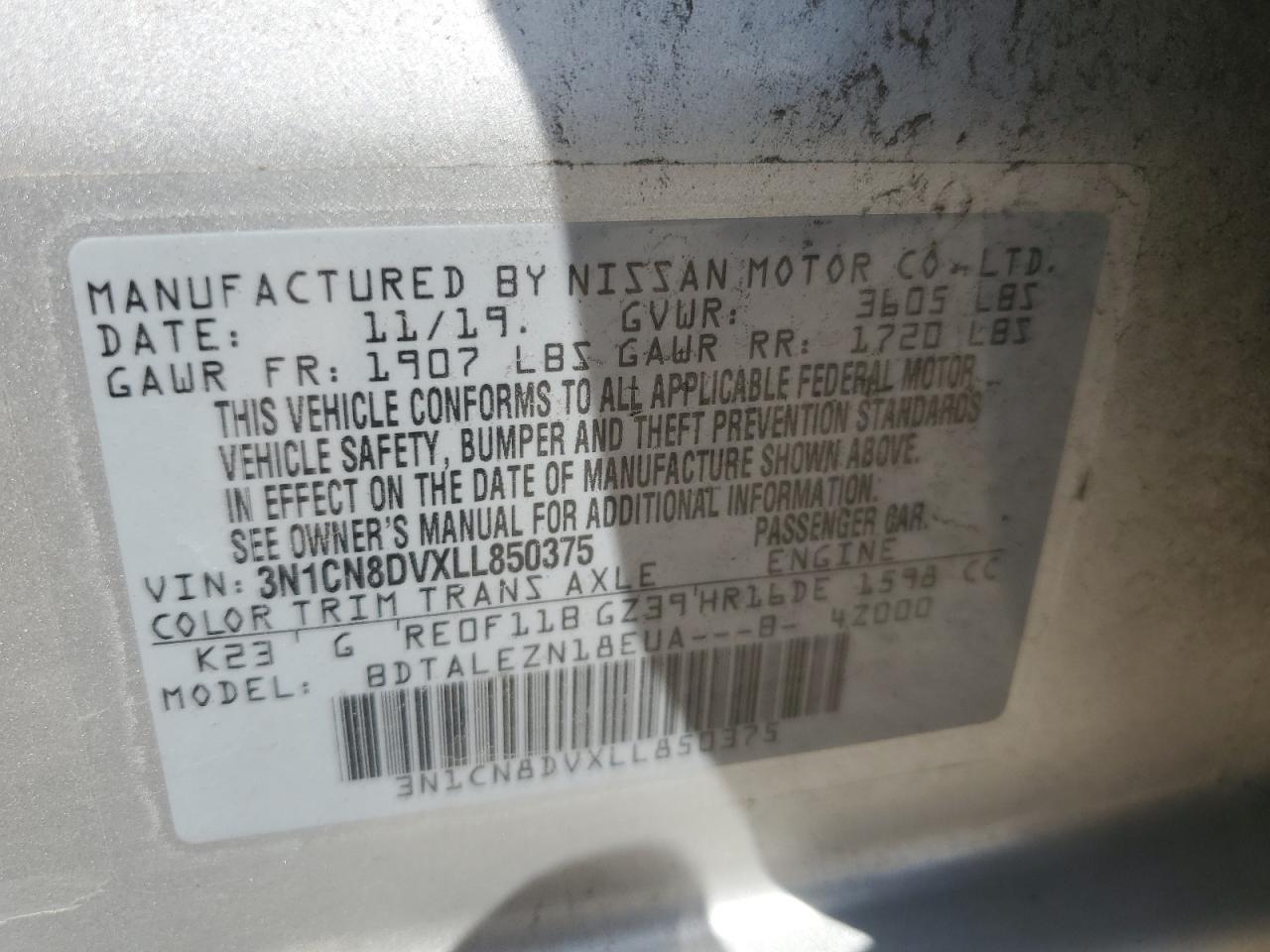2020 Nissan Versa VIN 3N1CN8DVXLL850375 Copart auction photo, side / front end damage thumbnail 14