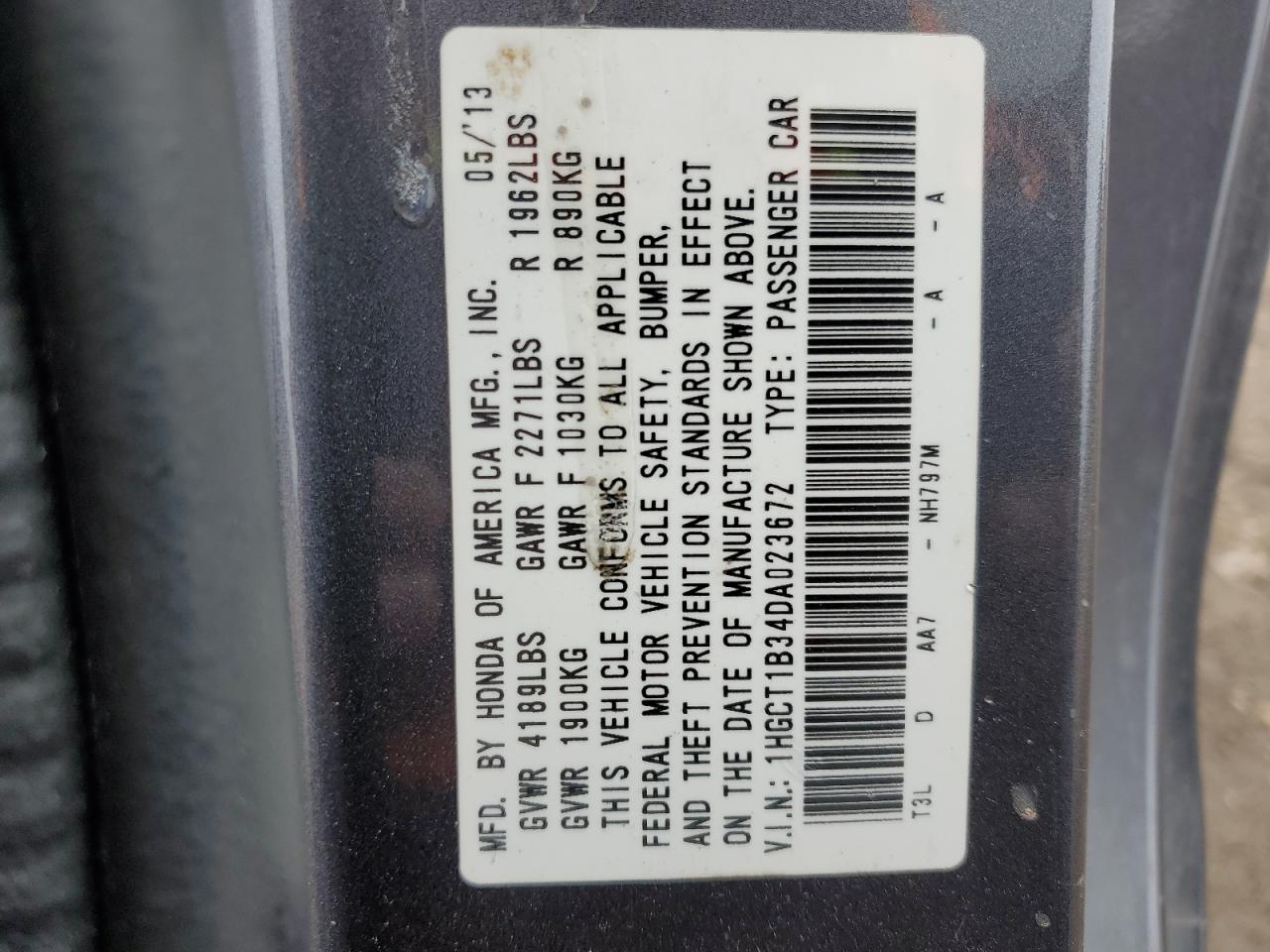 2013 Honda Accord VIN 1HGCT1B34DA023672 Copart auction photo, front end / rear end damage thumbnail 15