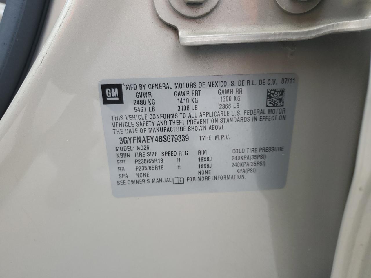 2011 Cadillac SRX VIN 3GYFNAEY4BS679339 Copart auction photo, front end damage thumbnail 13