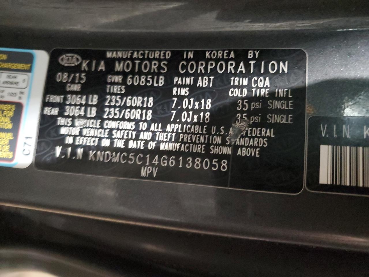 2016 KIA Sedona VIN KNDMC5C14G6138058 Copart auction photo, front end / side damage thumbnail 13