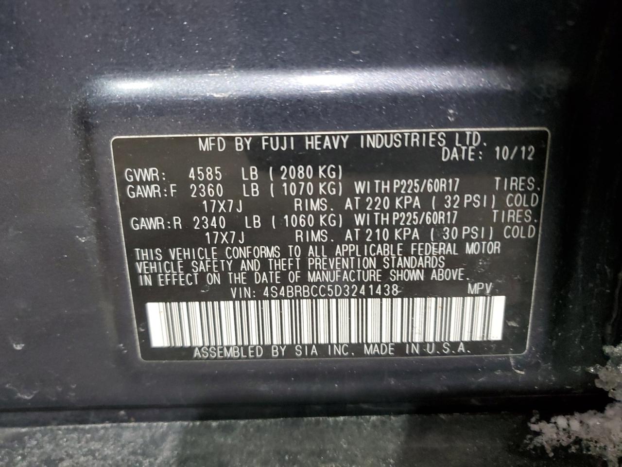 2013 Subaru Outback VIN 4S4BRBCC5D3241438 Copart auction photo, side / front end damage thumbnail 13