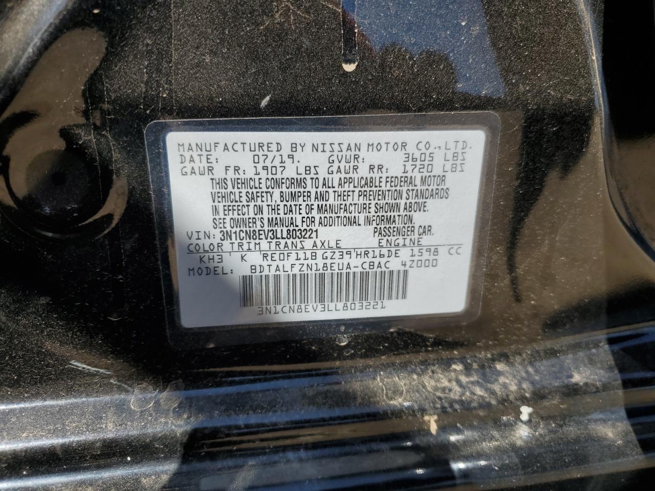 2020 Nissan Versa VIN 3N1CN8EV3LL803221 Copart auction photo, side / all over damage thumbnail 13