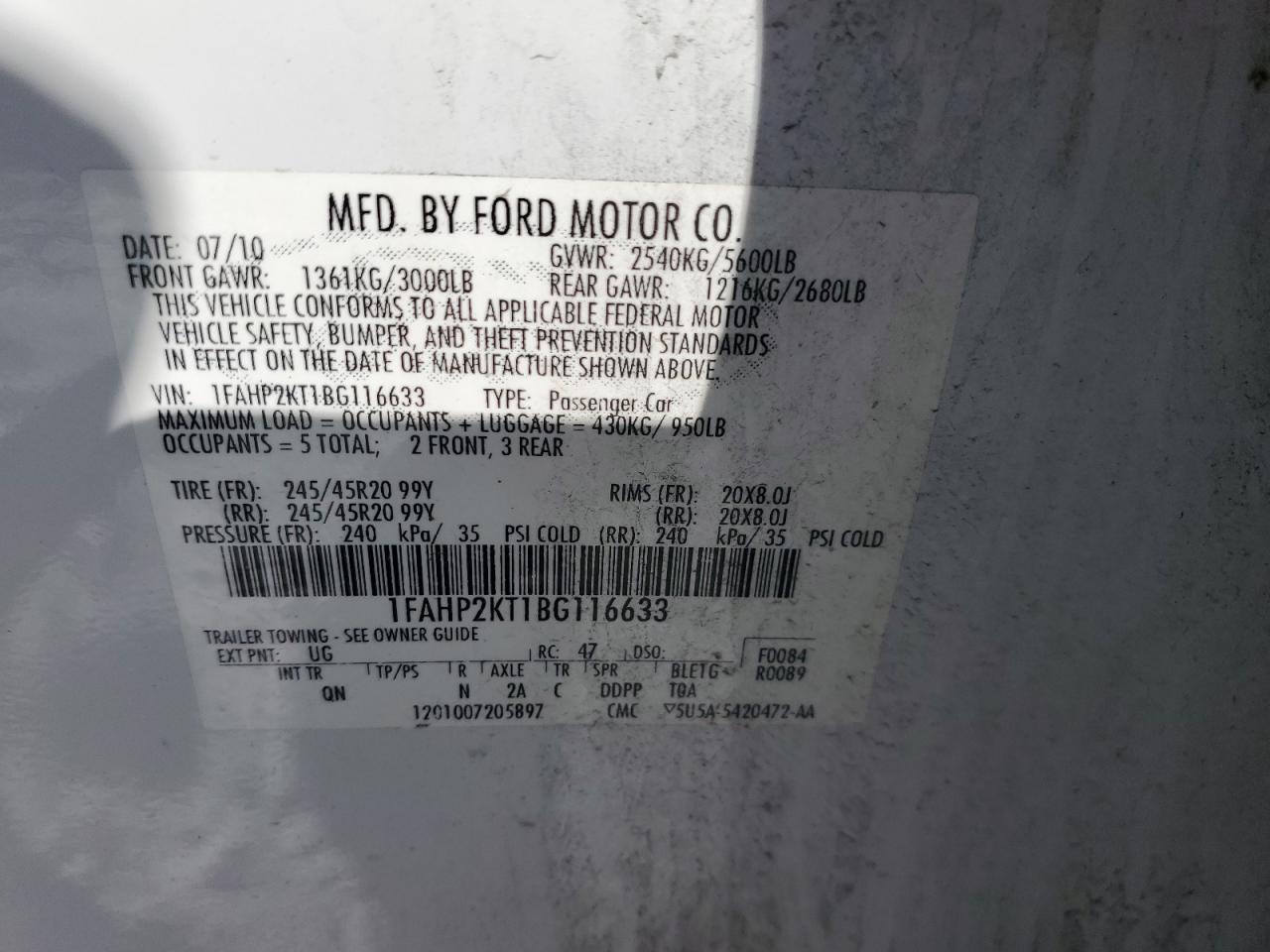 2011 Ford Taurus VIN 1FAHP2KT1BG116633 Copart auction photo, front end / rear end damage thumbnail 14