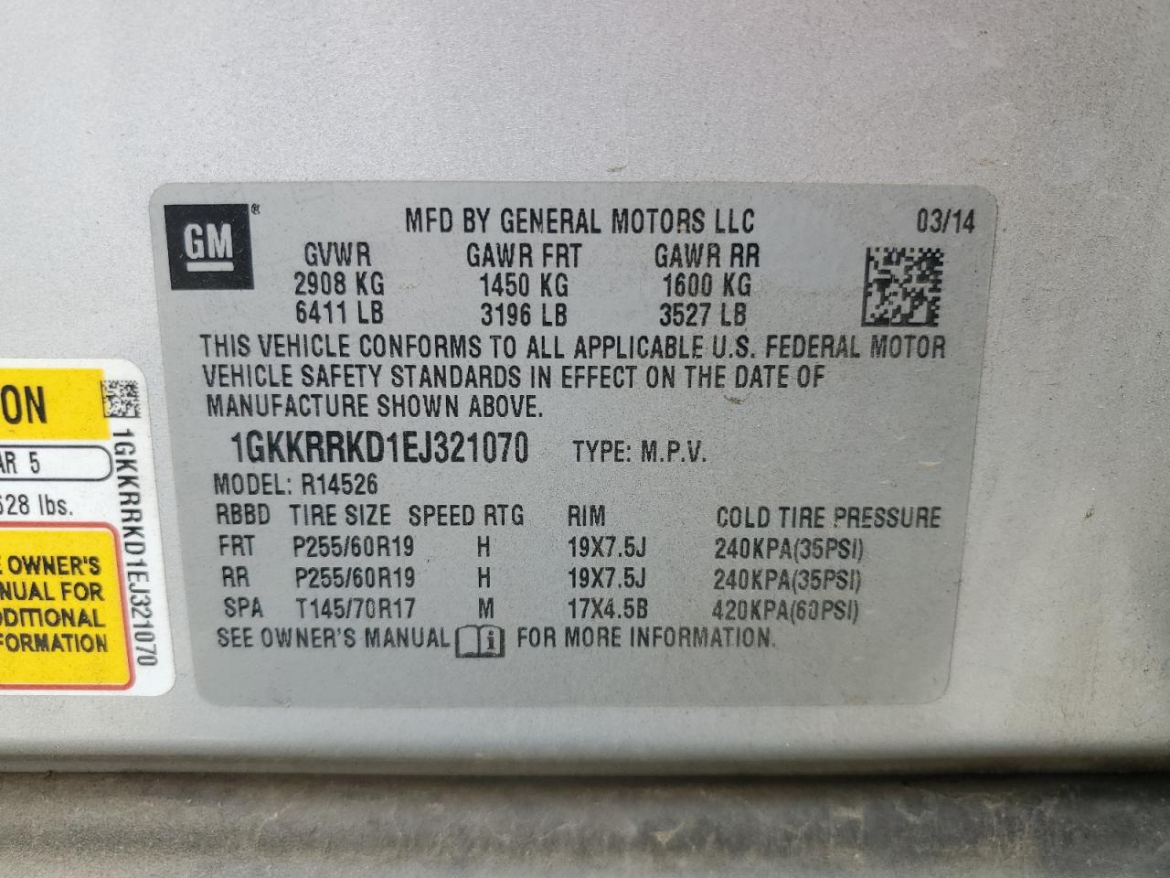 2014 GMC Acadia VIN 1GKKRRKD1EJ321070 Copart auction photo, front end damage thumbnail 13