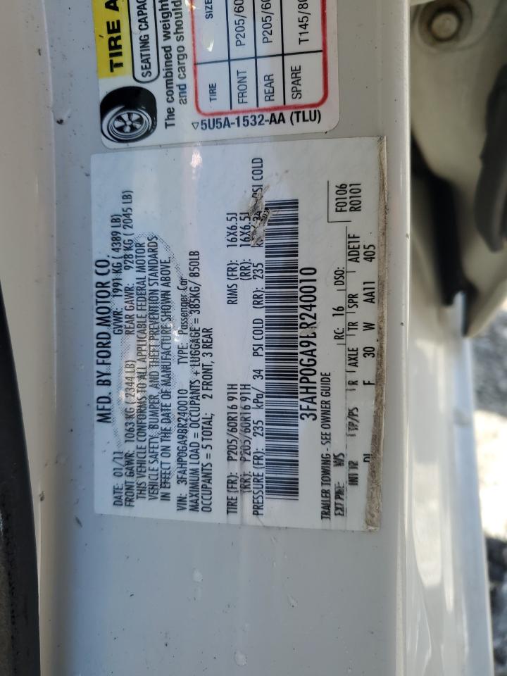 2011 Ford Fusion VIN 3FAHP0GA9BR240010 Copart auction photo, front end damage thumbnail 14