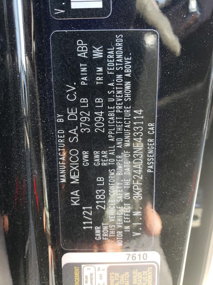 2022 KIA Forte VIN 3KPF24AD3NE433114 Copart auction photo, front end damage thumbnail 14