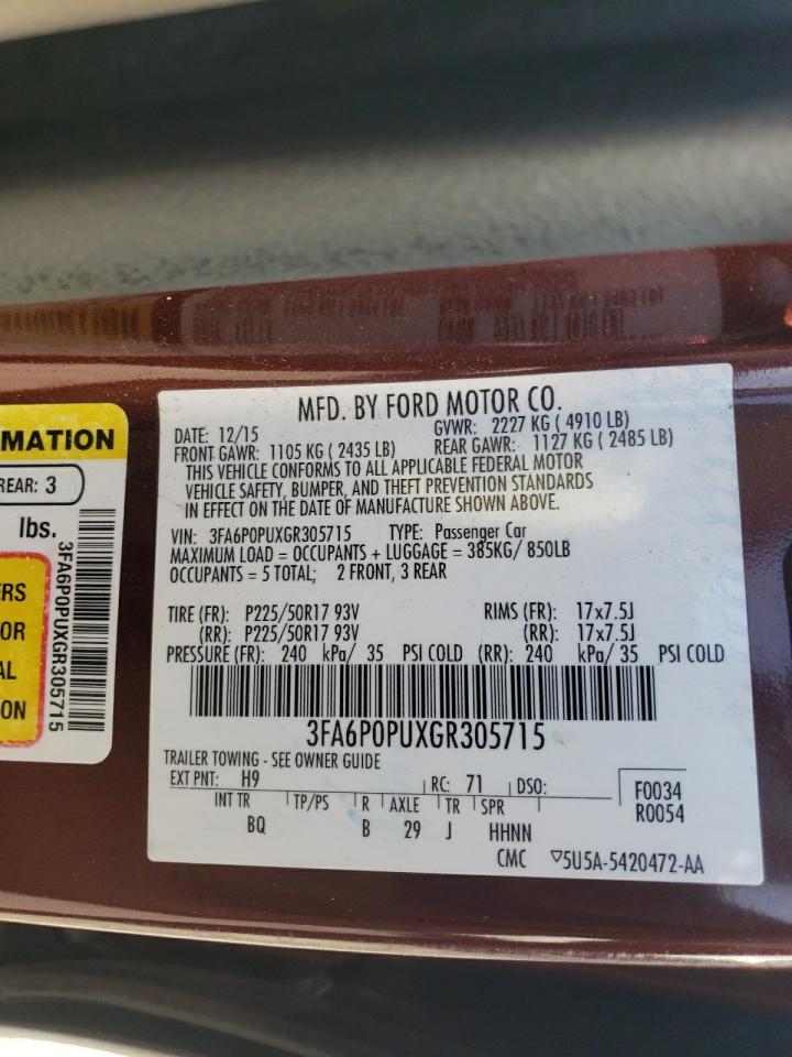 2016 Ford Fusion VIN 3FA6P0PUXGR305715 Copart auction photo, rear end / side damage thumbnail 12