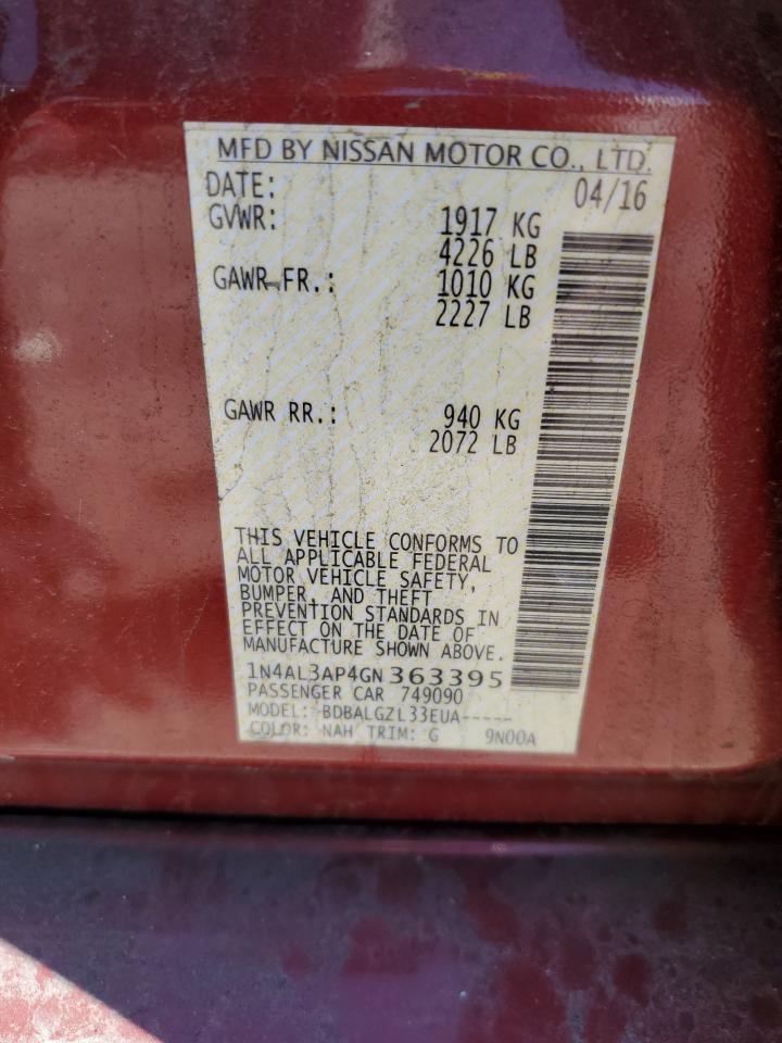2016 Nissan Altima VIN 1N4AL3AP4GN363395 Copart auction photo, side / minor dent/scratches damage thumbnail 12