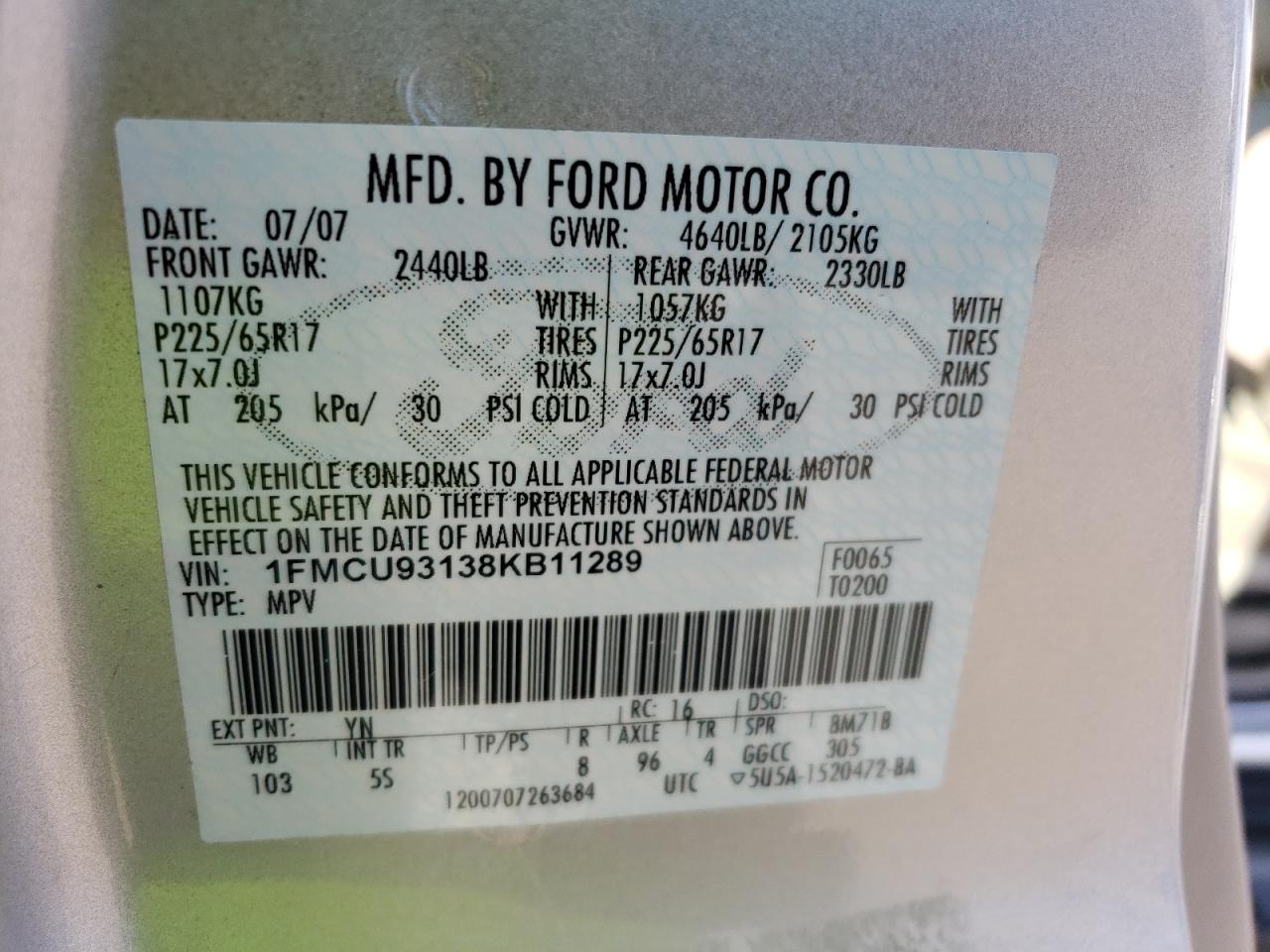 2008 Ford Escape VIN 1FMCU93138KB11289 Copart auction photo, front end damage thumbnail 14