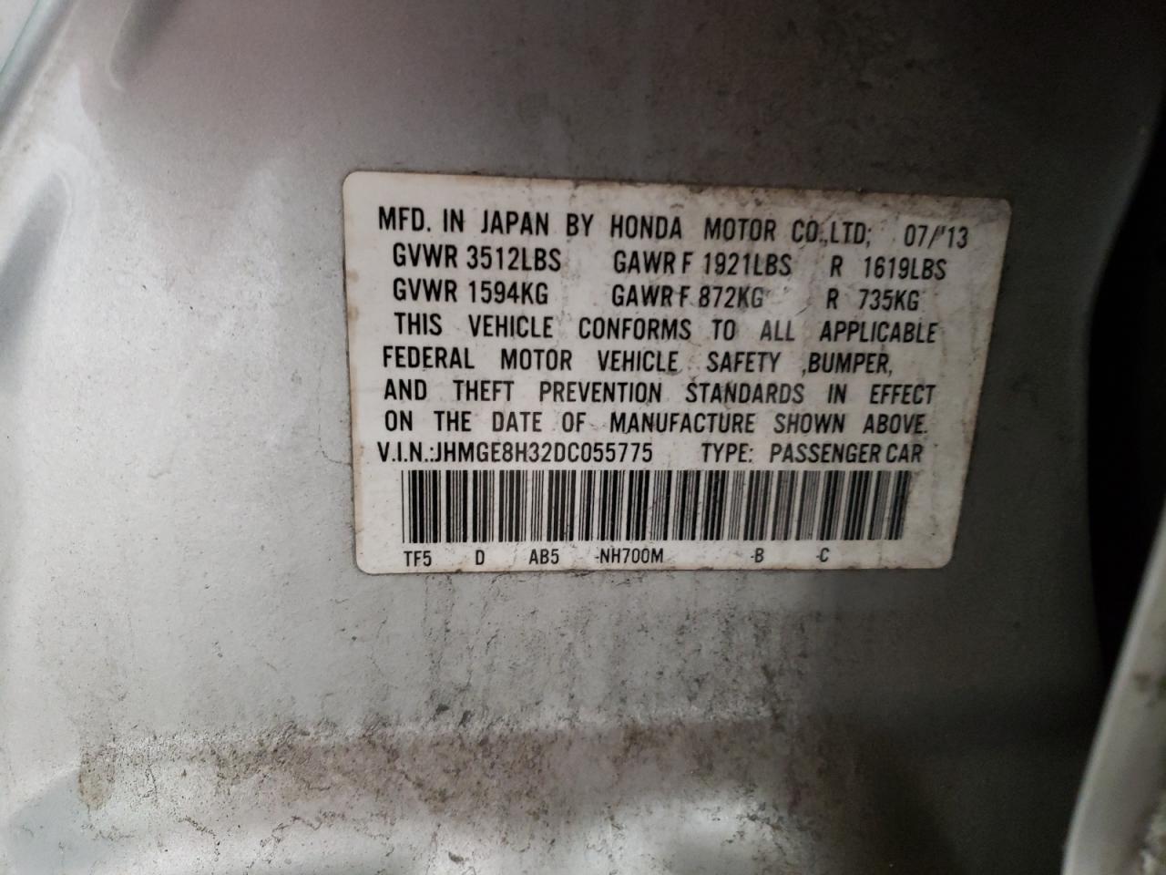 2013 Honda Fit VIN JHMGE8H32DC055775 Copart auction photo, side / mechanical damage thumbnail 12