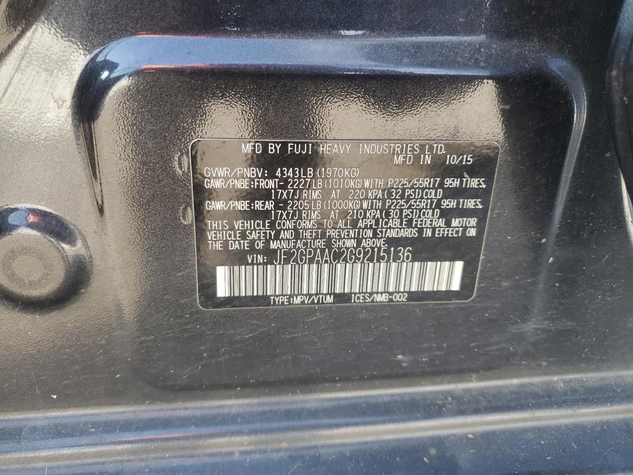 2016 Subaru XV VIN JF2GPAAC2G9215136 Copart auction photo, all over damage thumbnail 14