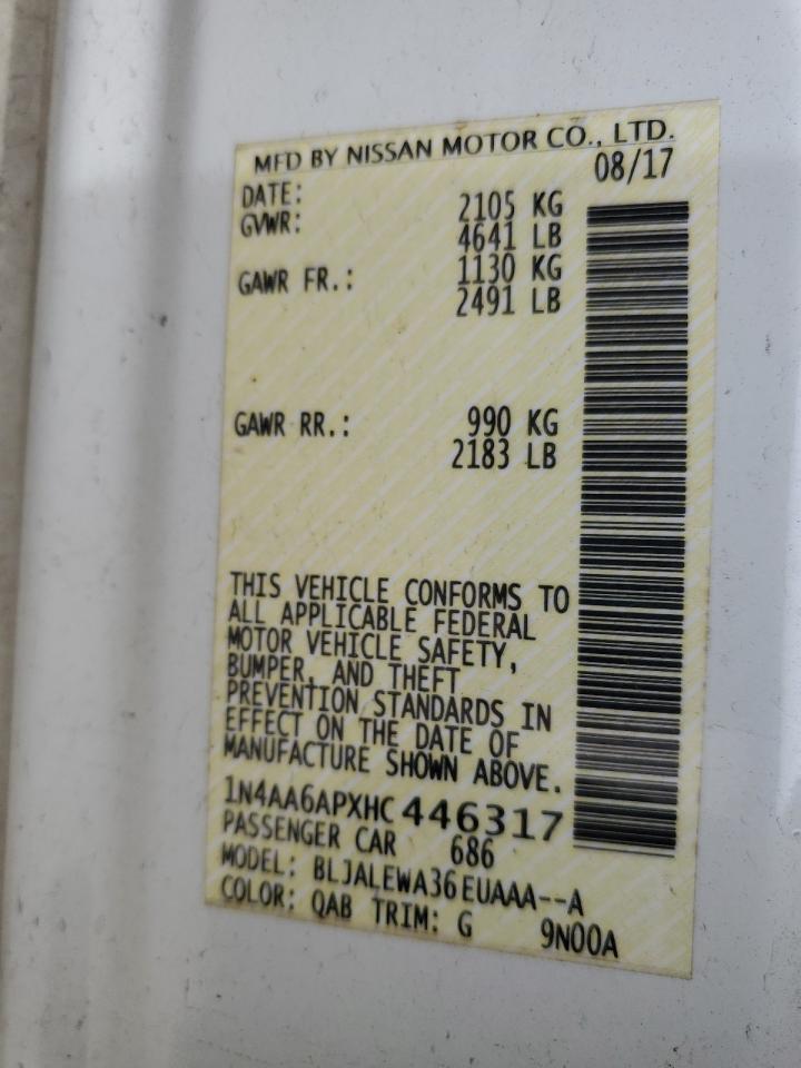 2017 Nissan Maxima VIN 1N4AA6APXHC446317 Copart auction photo, front end / side damage thumbnail 12