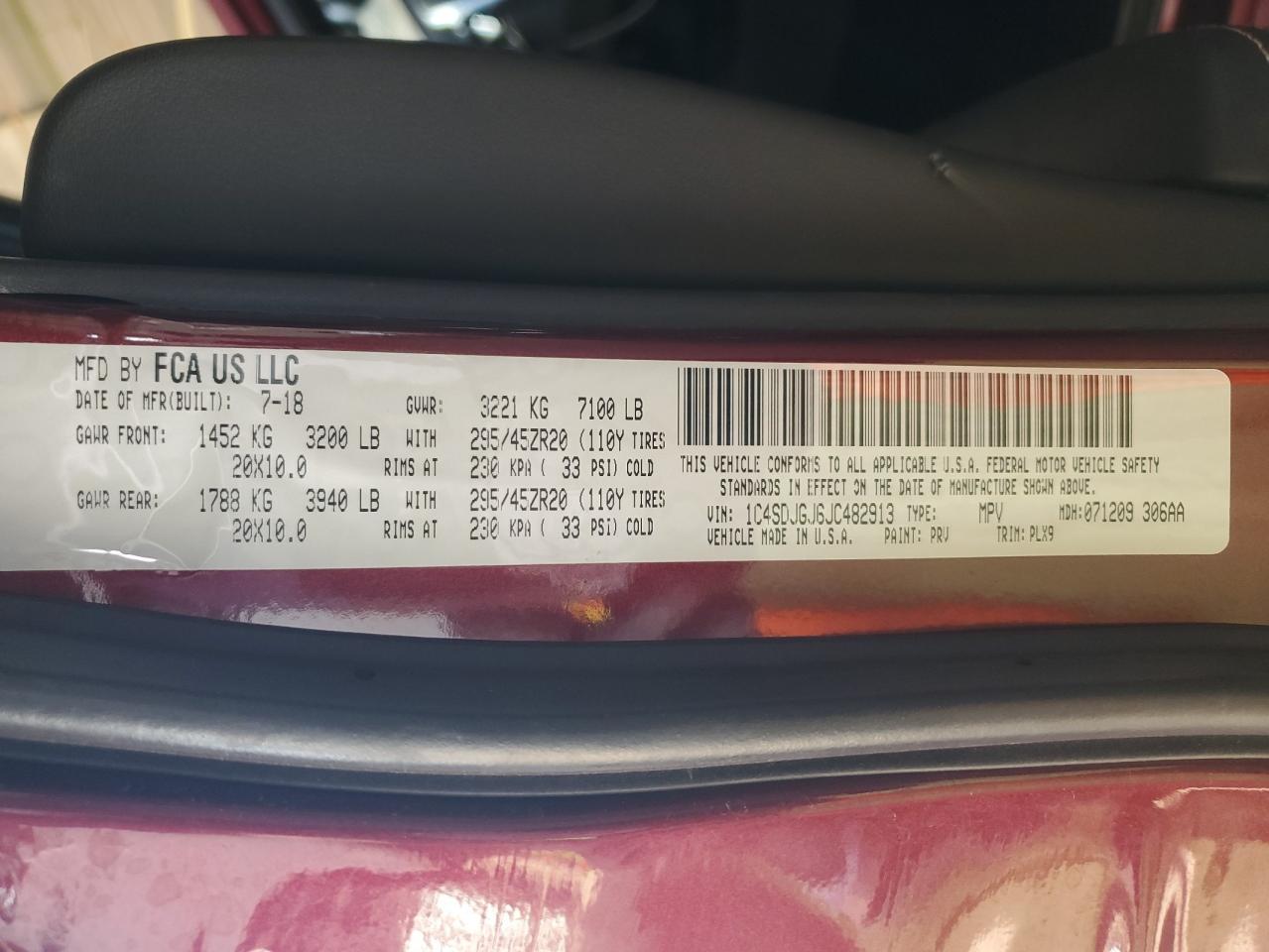2018 Dodge Durango VIN 1C4SDJGJ6JC482913 Copart auction photo, front end damage thumbnail 15