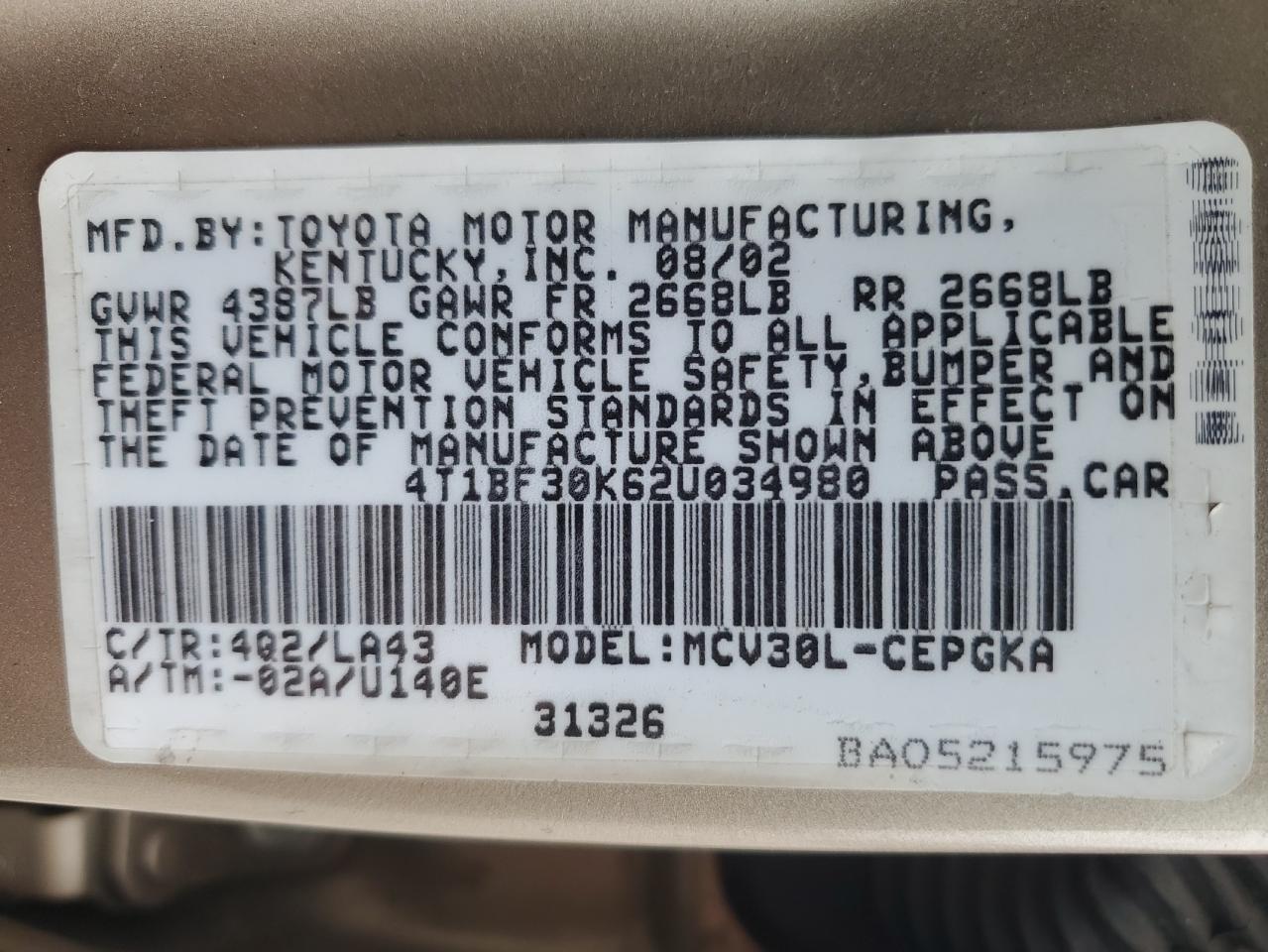 2002 Toyota Camry VIN 4T1BF30K62U034980 Copart auction photo, all over damage thumbnail 13