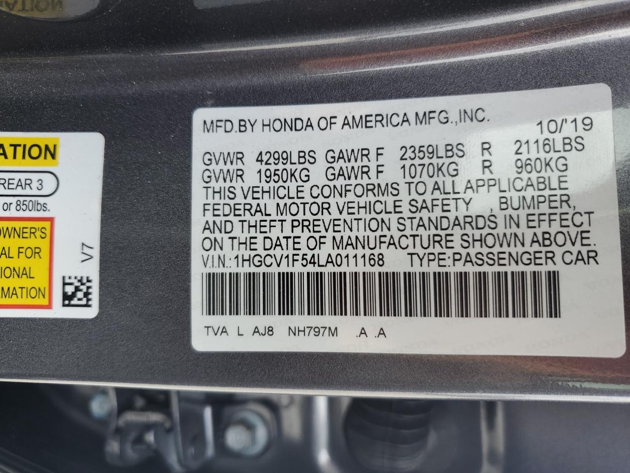 2020 Honda Accord VIN 1HGCV1F54LA011168 Copart auction photo, rear end damage thumbnail 13