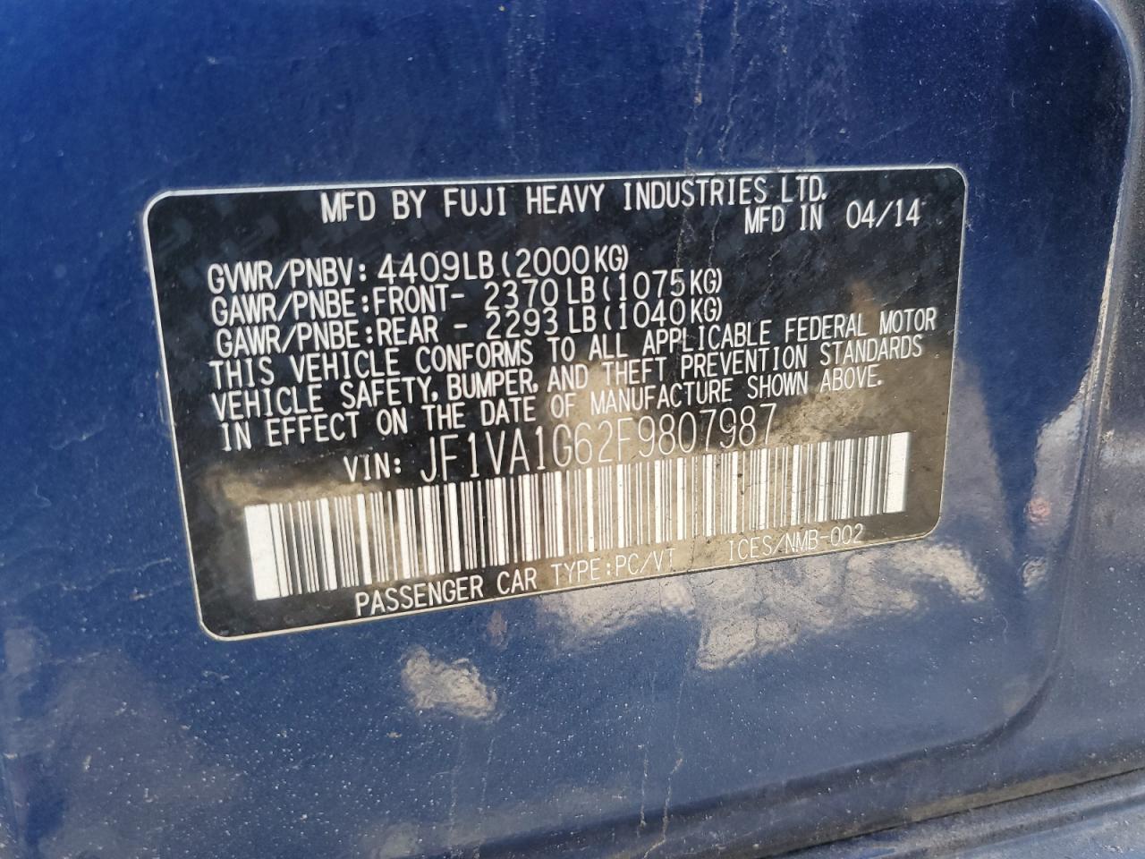 2015 Subaru WRX VIN JF1VA1G62F9807987 Copart auction photo, front end / side damage thumbnail 14