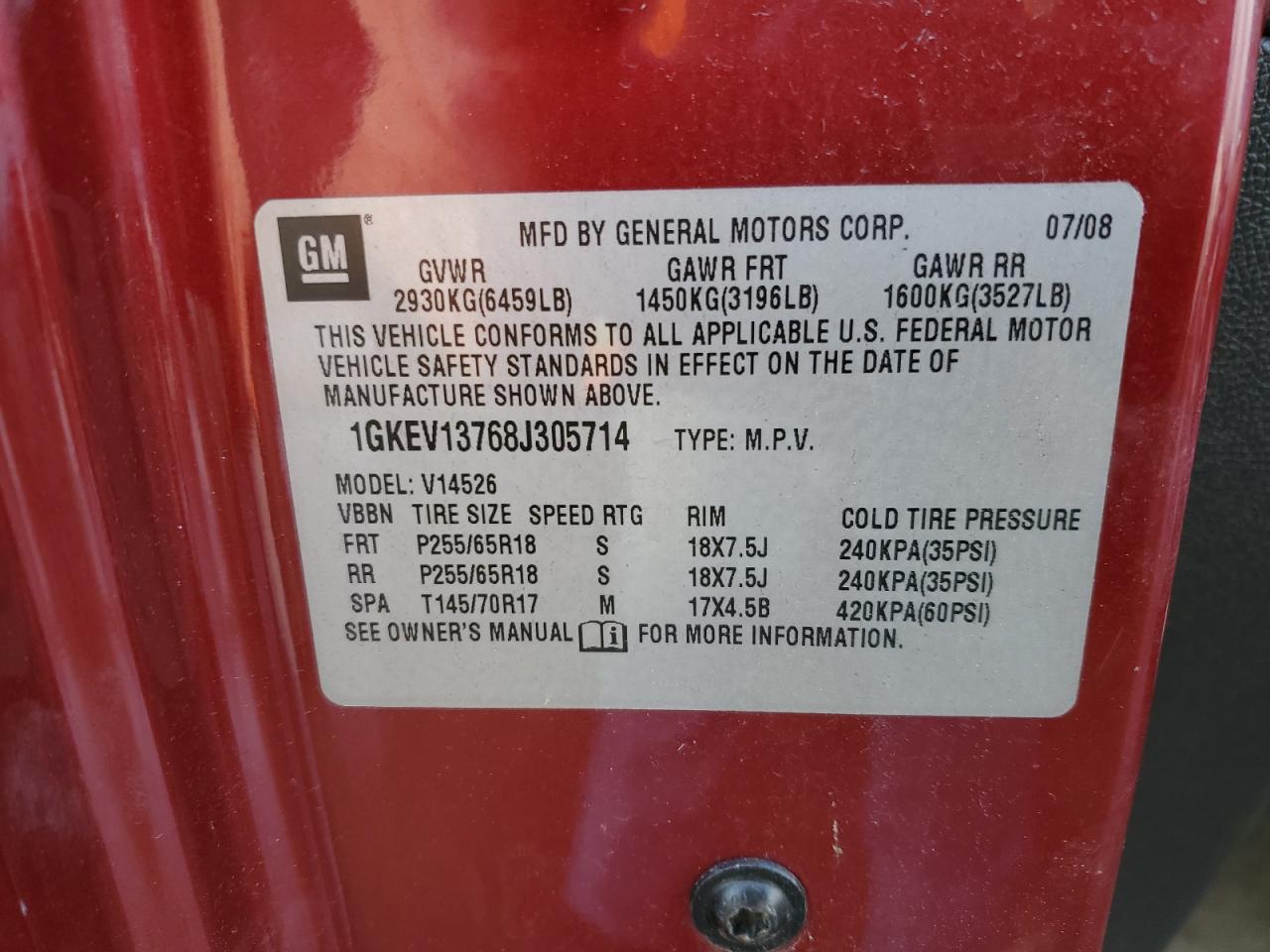2008 GMC Acadia VIN 1GKEV13768J305714 Copart auction photo, frame damage damage thumbnail 14
