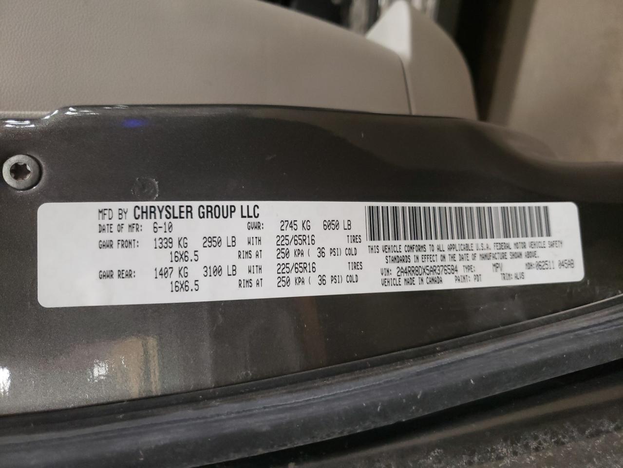2010 Chrysler Town & Country VIN 2A4RR8DX5AR376584 Copart auction photo, side damage thumbnail 13