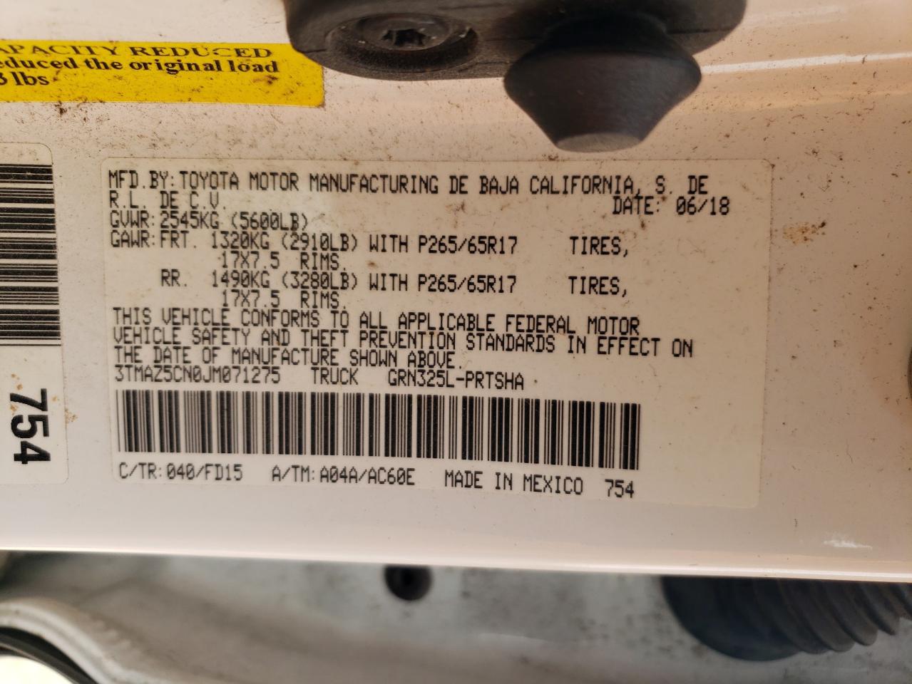 2018 Toyota Tacoma VIN 3TMAZ5CN0JM071275 Copart auction photo, biohazard/chemical / front end damage thumbnail 12