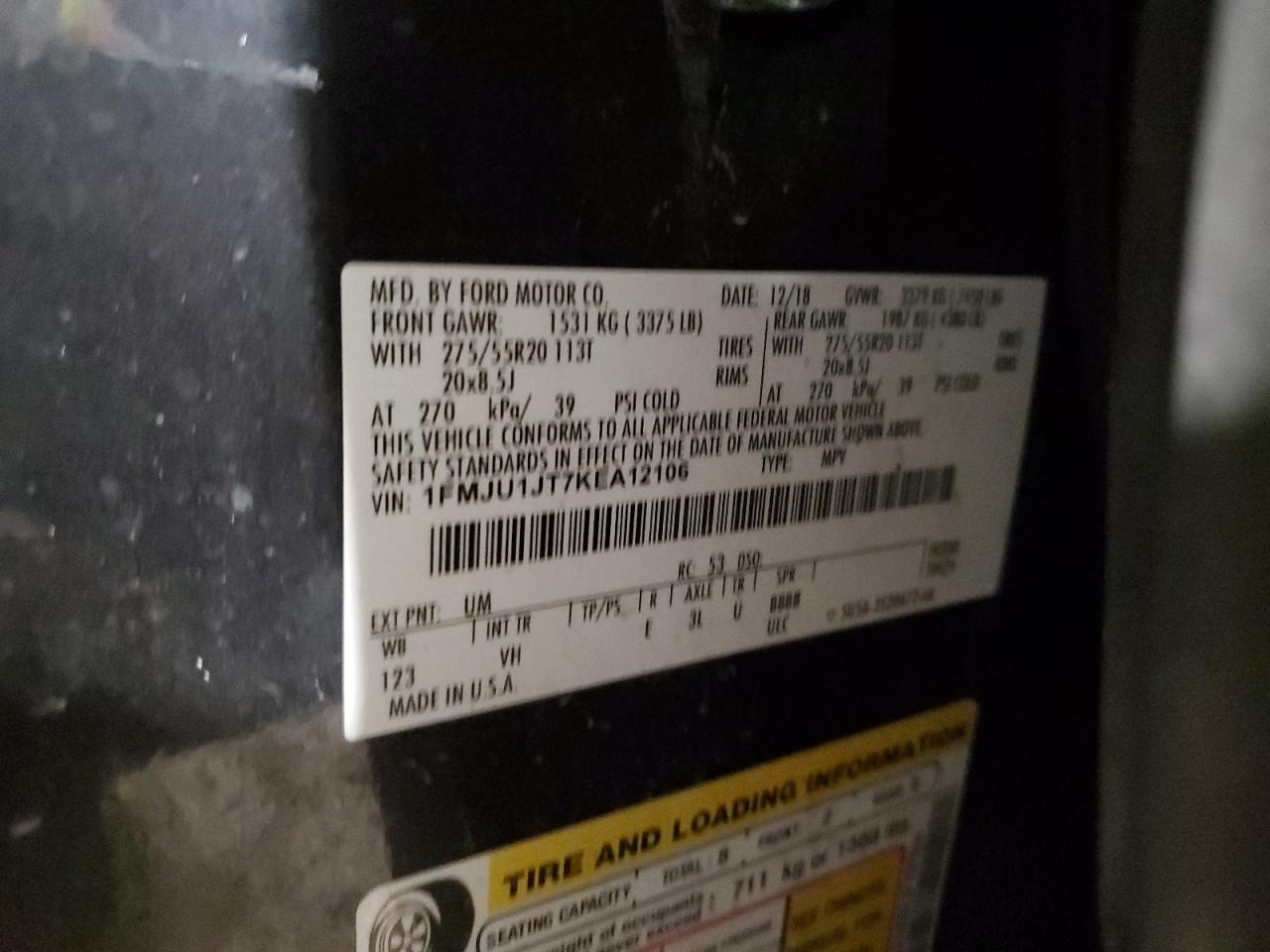 2019 Ford Expedition VIN 1FMJU1JT7KEA12106 Copart auction photo, front end / minor dent/scratches damage thumbnail 15