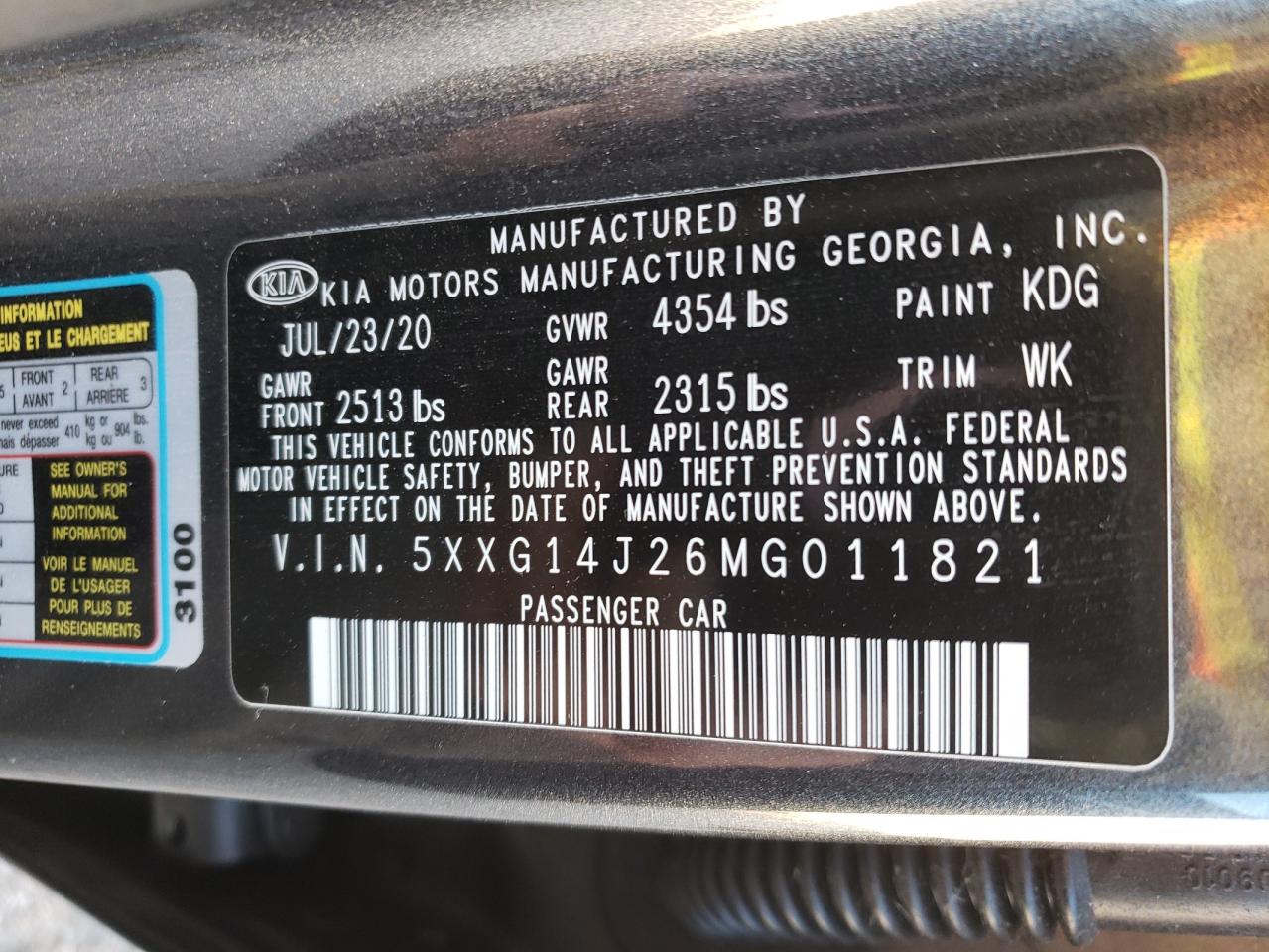 2021 KIA K5 VIN 5XXG14J26MG011821 Copart auction photo, front end damage thumbnail 14