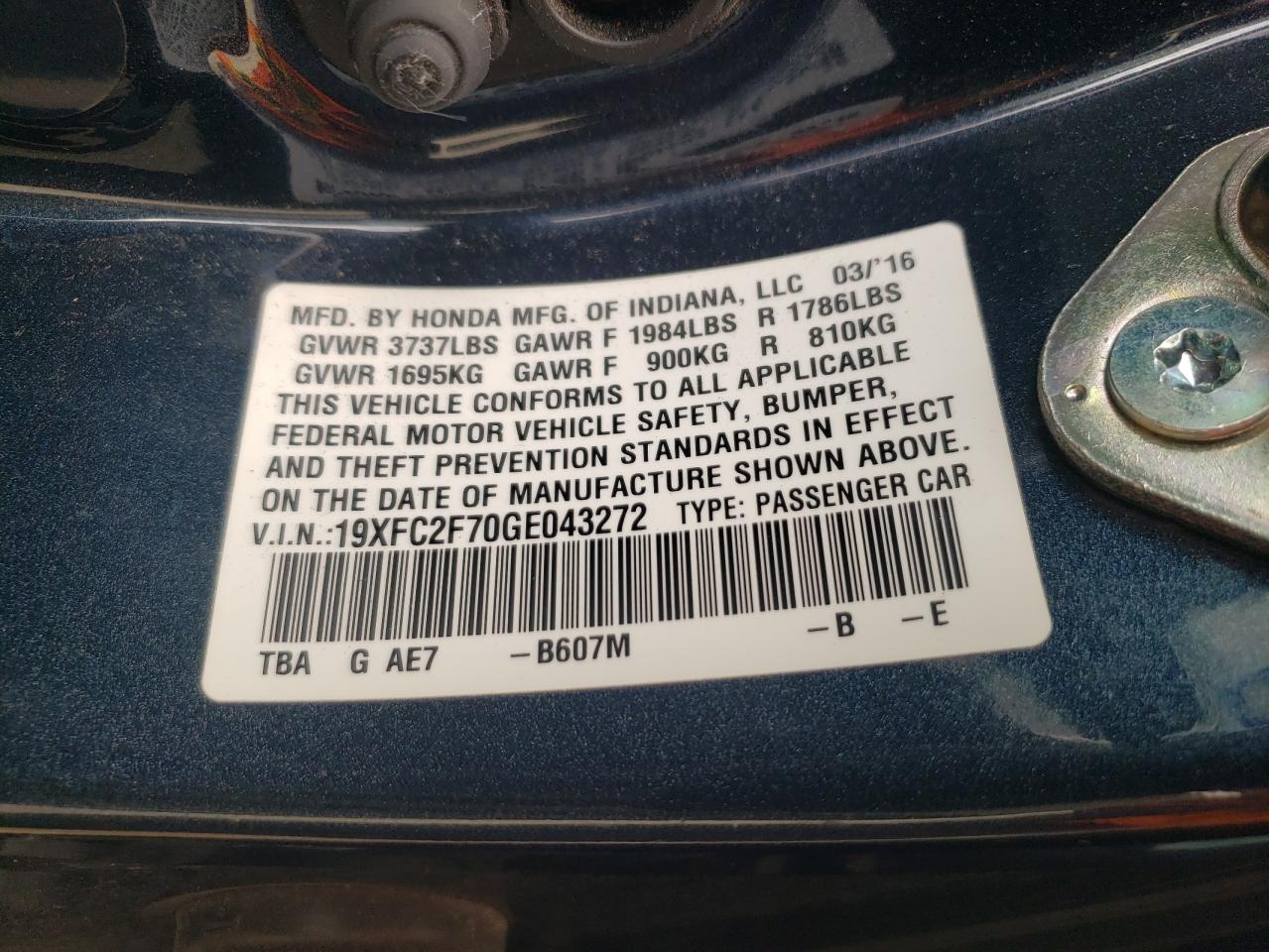 2016 Honda Civic VIN 19XFC2F70GE043272 Copart auction photo, front end / vandalism damage thumbnail 12