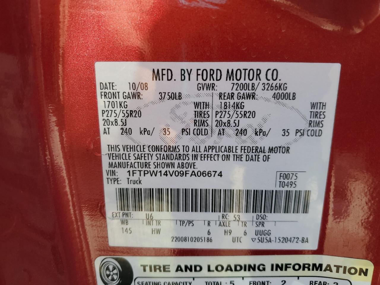 2009 Ford F-150 VIN 1FTPW14V09FA06674 Copart auction photo, minor dent/scratches damage thumbnail 12