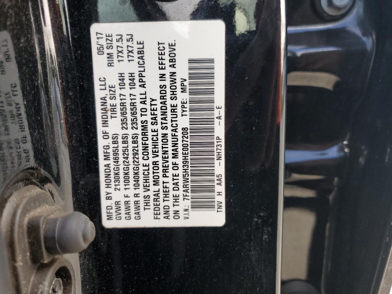 2017 Honda CR-V VIN 7FARW5H39HE007208 Copart auction photo, rear end damage thumbnail 13