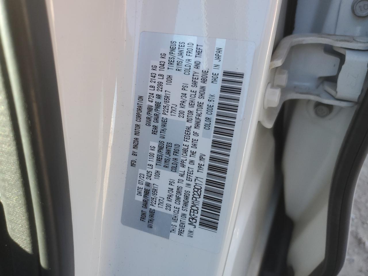 2023 Mazda CX-5 VIN JM3KFBCM1P0290171 Copart auction photo, side / hail damage thumbnail 15