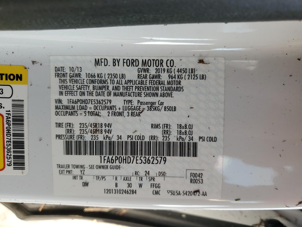 2014 Ford Fusion VIN 1FA6P0HD7E5362579 Copart auction photo, water/flood damage thumbnail 13