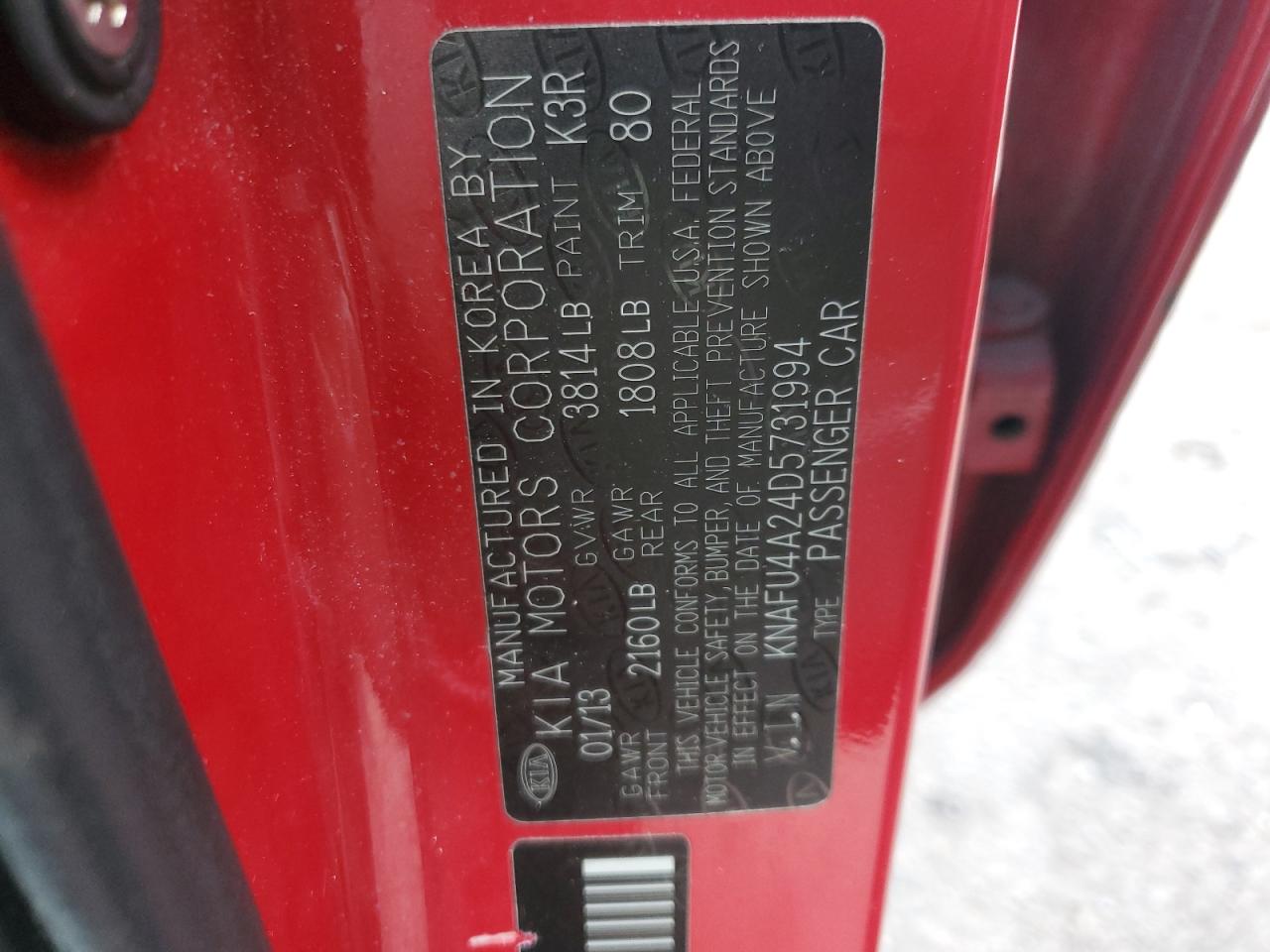 2013 KIA Forte VIN KNAFU4A24D5731994 Copart auction photo, front end / rear end damage thumbnail 12