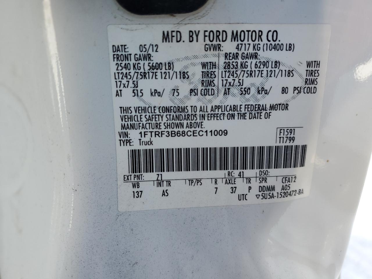 2012 Ford F350 VIN 1FTRF3B68CEC11009 Copart auction photo, normal wear / minor dent/scratches damage thumbnail 12