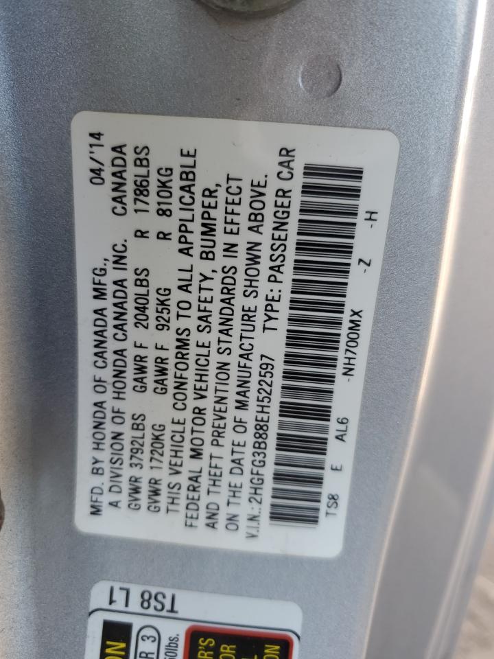 2014 Honda Civic VIN 2HGFG3B88EH522597 Copart auction photo, front end / side damage thumbnail 15
