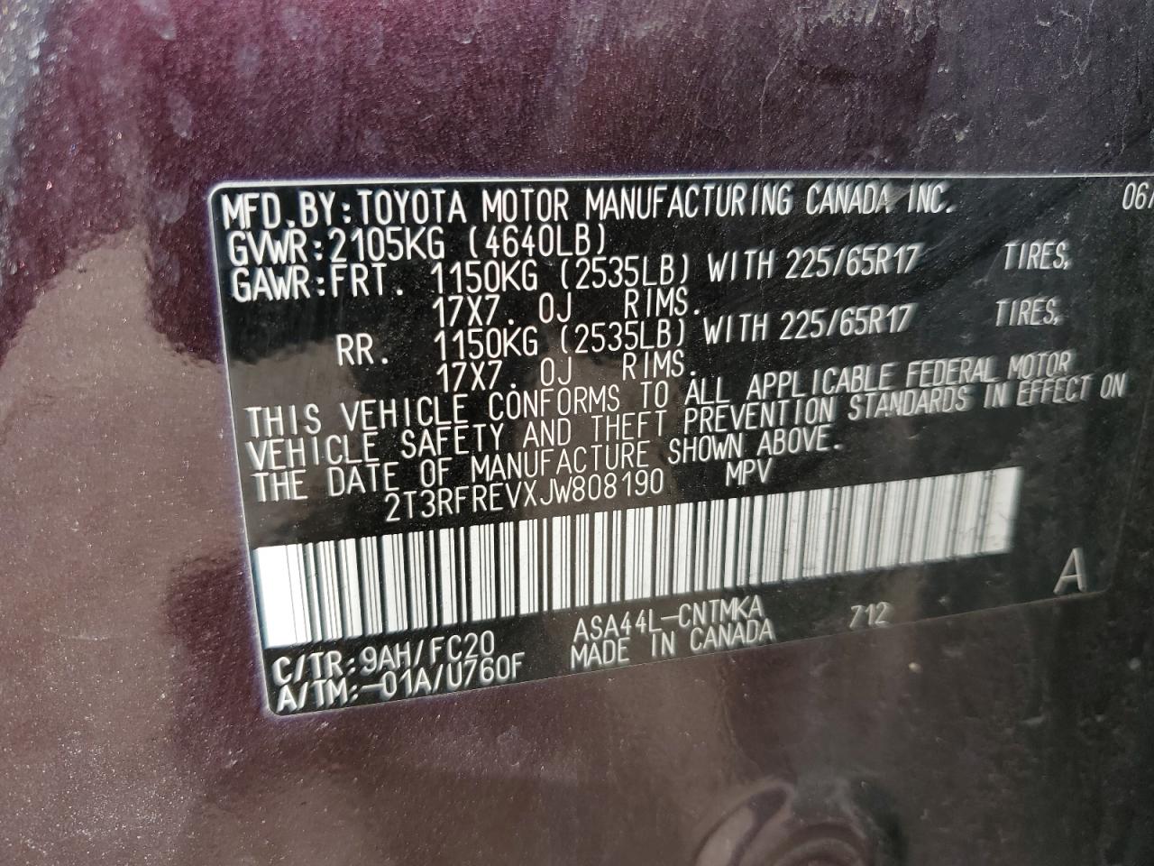 2018 Toyota RAV 4 VIN 2T3RFREVXJW808190 Copart auction photo, rear end damage thumbnail 13