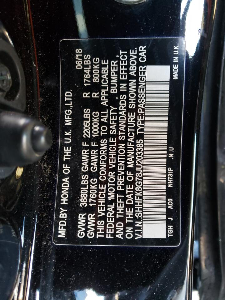 2018 Honda Civic VIN SHHFK8G78JU203385 Copart auction photo, side / front end damage thumbnail 14
