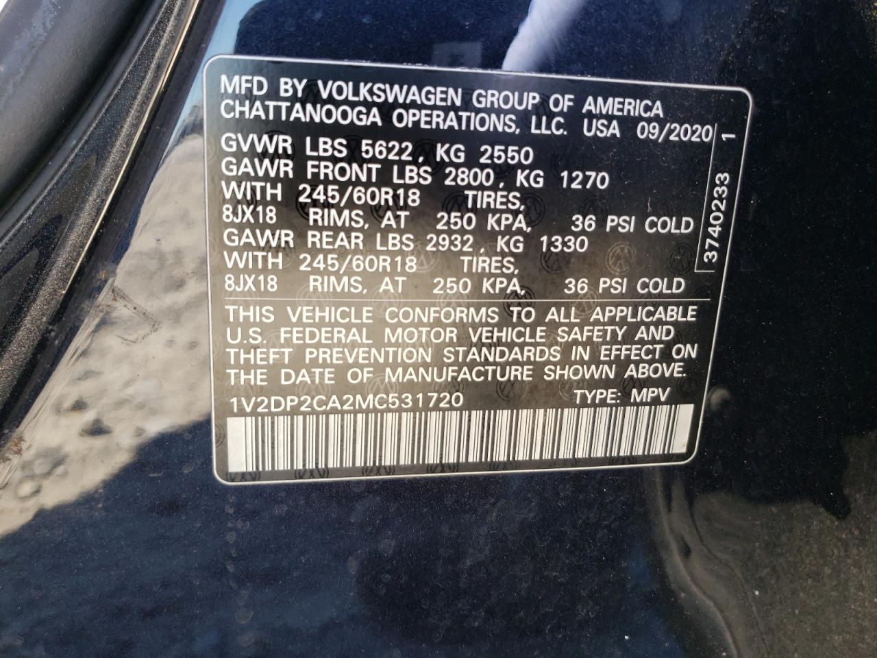 2021 Volkswagen Atlas VIN 1V2DP2CA2MC531720 Copart auction photo, front end damage thumbnail 12