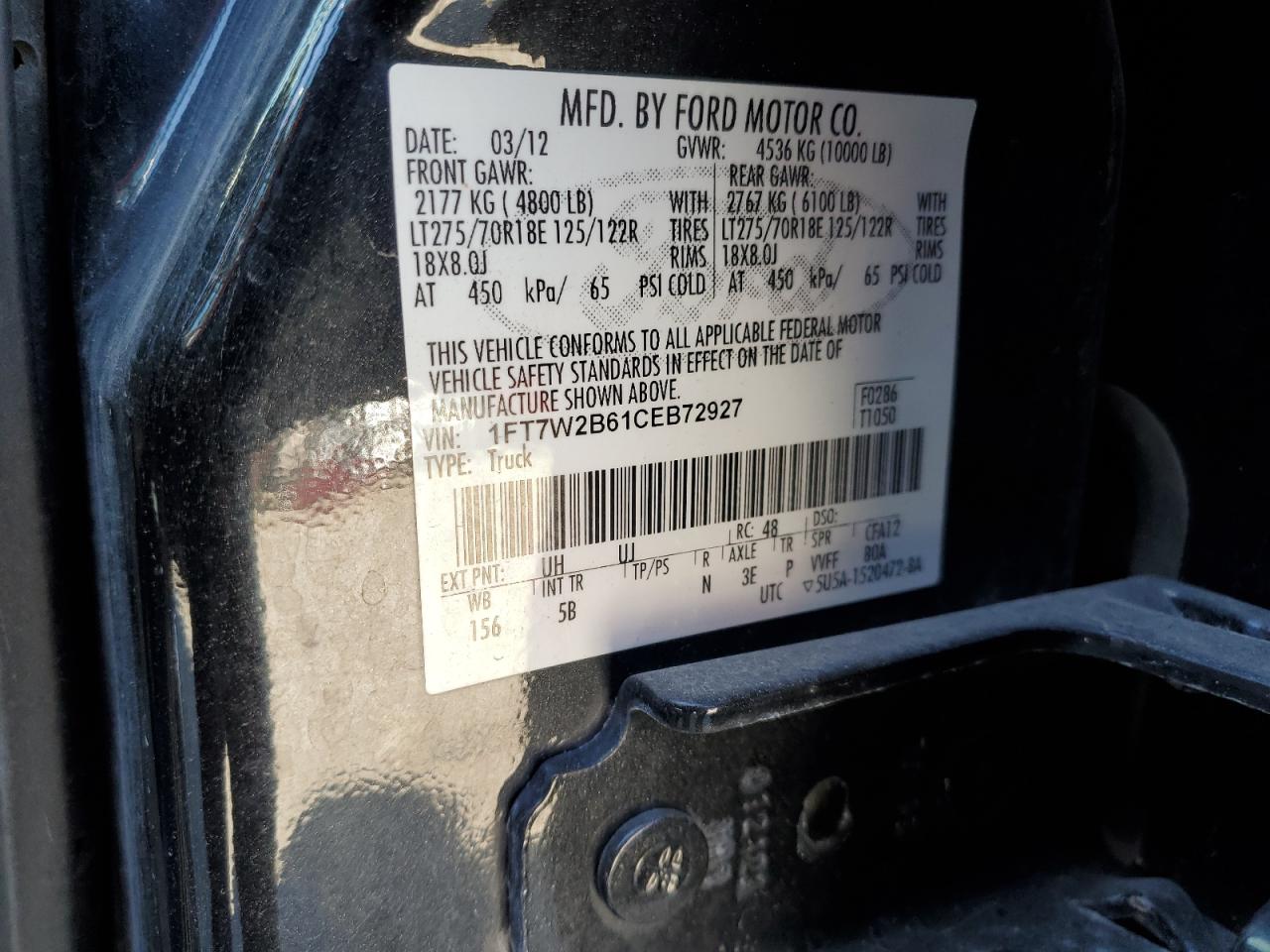 2012 Ford F250 VIN 1FT7W2B61CEB72927 Copart auction photo, front end damage thumbnail 14