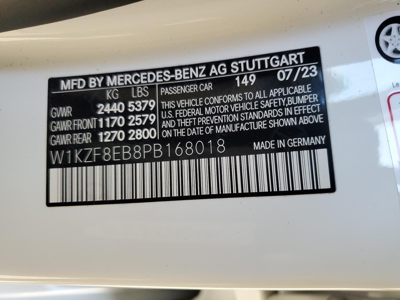 2023 Mercedes-Benz E-klasse VIN W1KZF8EB8PB168018 Copart auction photo, front end / minor dent/scratches damage thumbnail 12