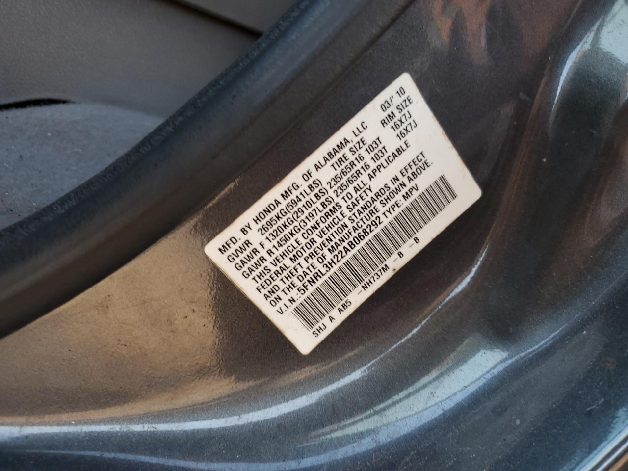 2010 Honda Odyssey VIN 5FNRL3H22AB068292 Copart auction photo, rear end / minor dent/scratches damage thumbnail 13