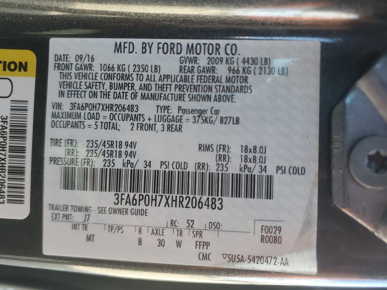 2017 Ford Fusion VIN 3FA6P0H7XHR206483 Copart auction photo, side / top/roof damage thumbnail 12