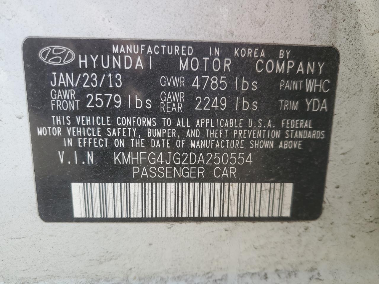 2013 Hyundai Azera VIN KMHFG4JG2DA250554 Copart auction photo, side / minor dent/scratches damage thumbnail 12