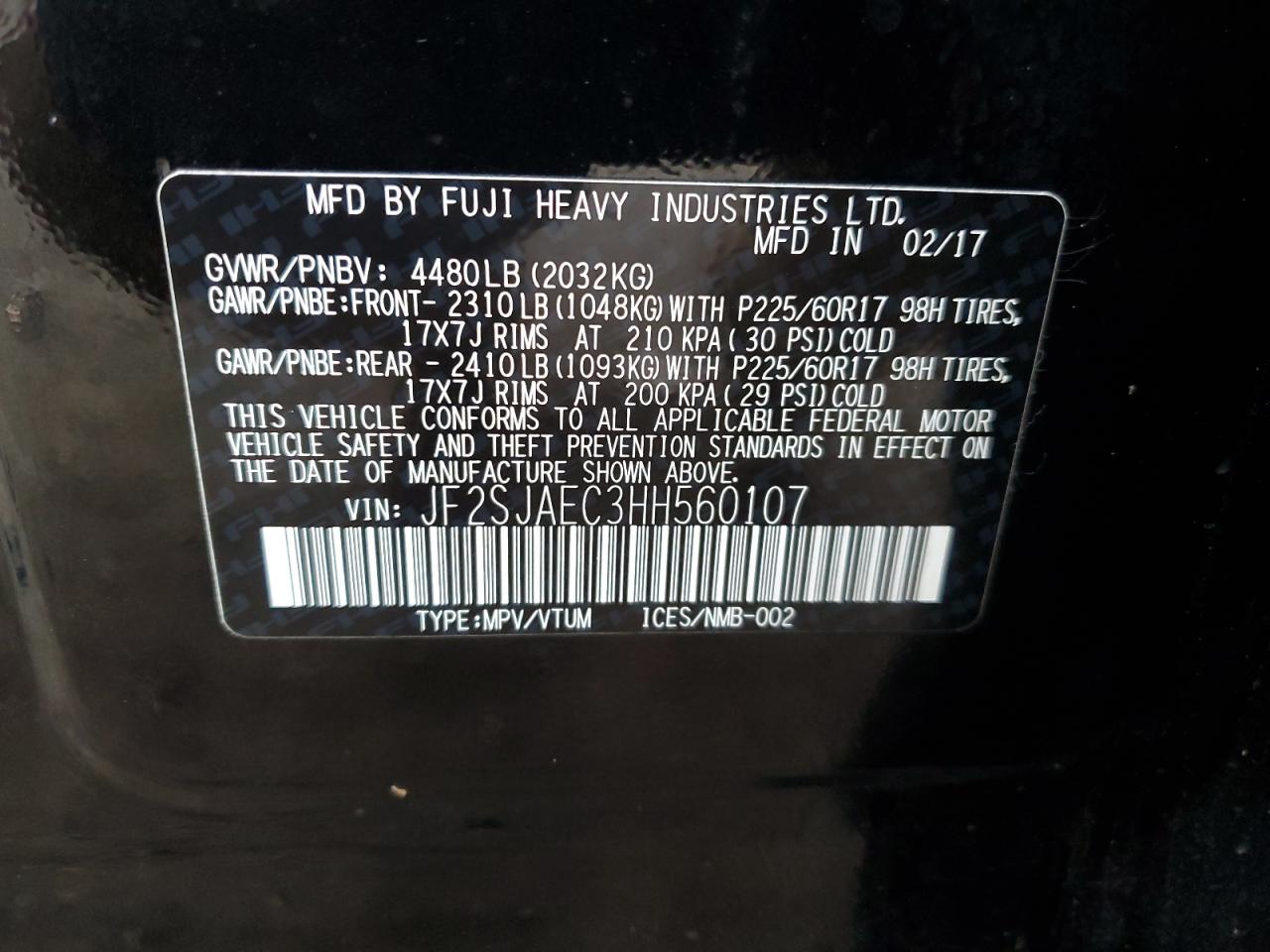 2017 Subaru Forester VIN JF2SJAEC3HH560107 Copart auction photo, front end / side damage thumbnail 14