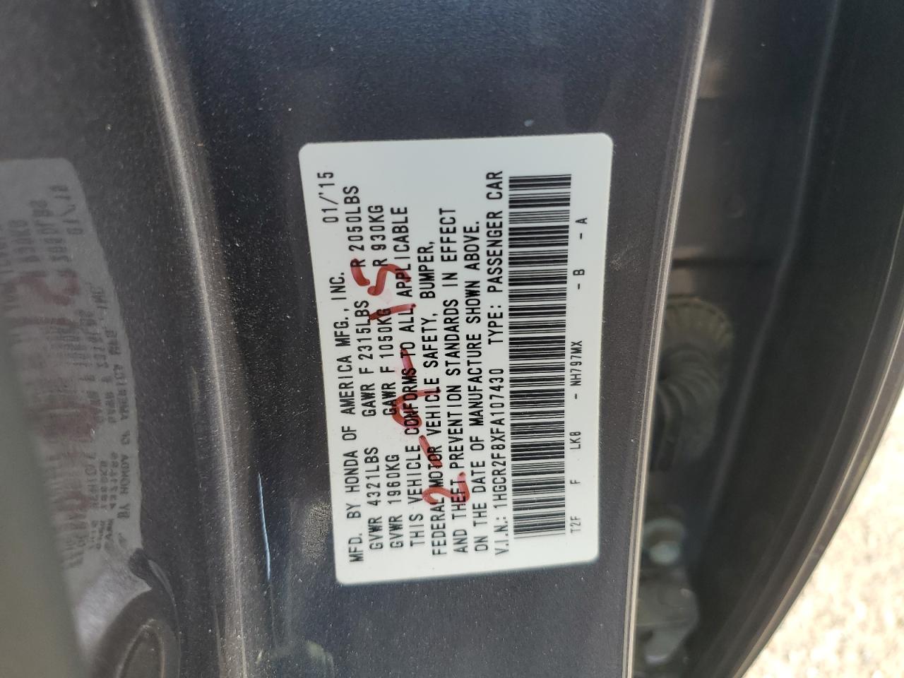 2015 Honda Accord VIN 1HGCR2F8XFA107430 Copart auction photo, top/roof damage thumbnail 14