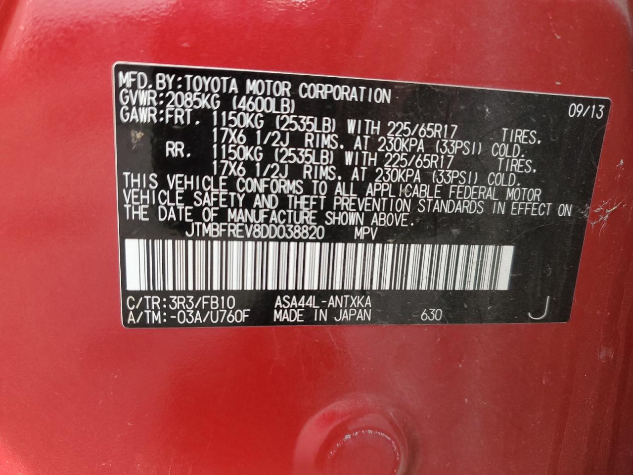 2013 Toyota RAV 4 VIN JTMBFREV8DD038820 Copart auction photo, side damage thumbnail 12