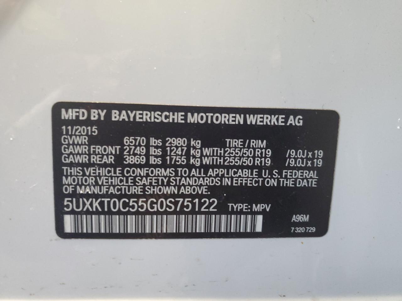 2016 BMW X5 VIN 5UXKT0C55G0S75122 Copart auction photo, front end / side damage thumbnail 13
