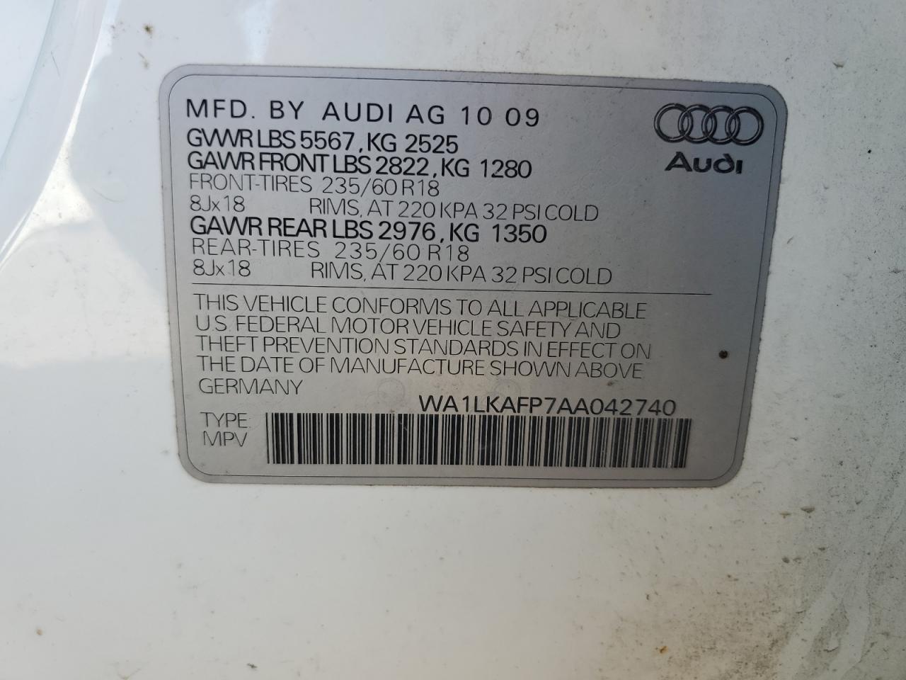 2010 Audi Q5 VIN WA1LKAFP7AA042740 Copart auction photo, front end damage thumbnail 13
