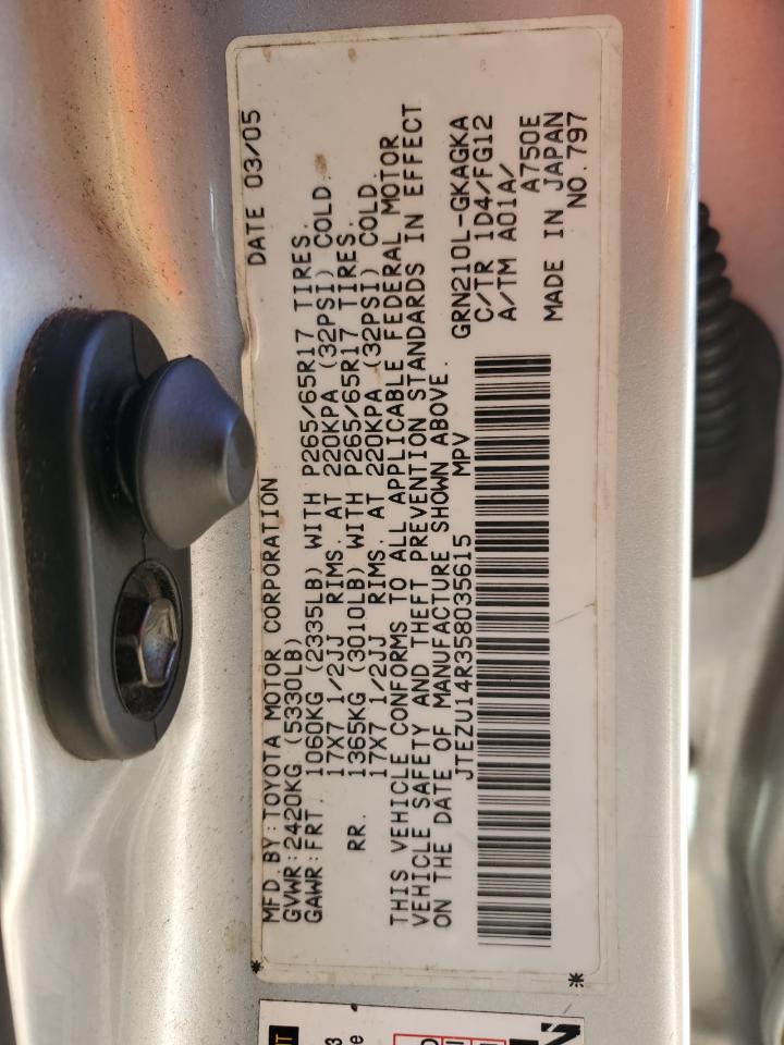 2005 Toyota 4Runner VIN JTEZU14R358035615 Copart auction photo, front end / minor dent/scratches damage thumbnail 13