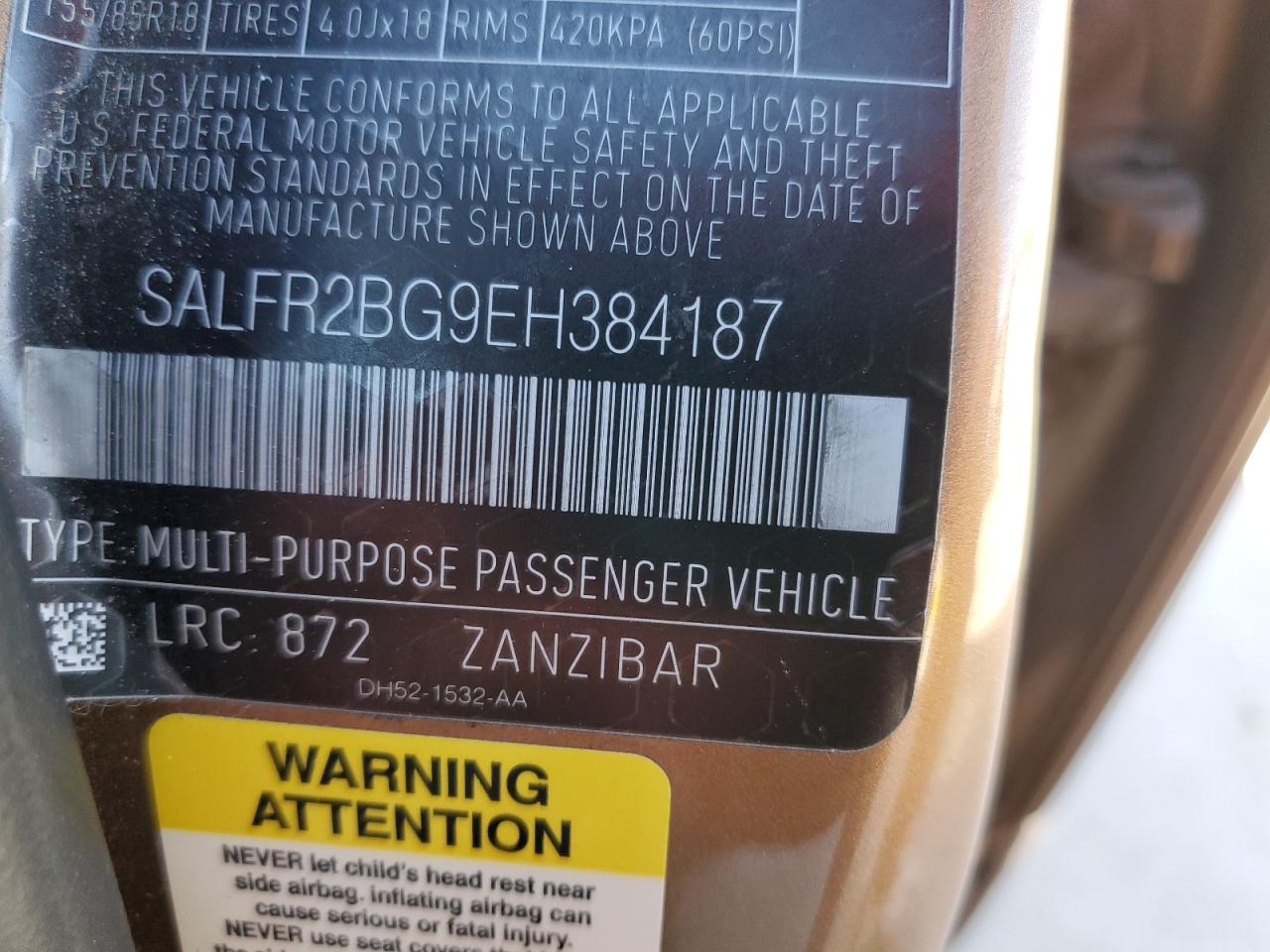 2014 Land Rover LR2 VIN SALFR2BG9EH384187 Copart auction photo, side damage thumbnail 14