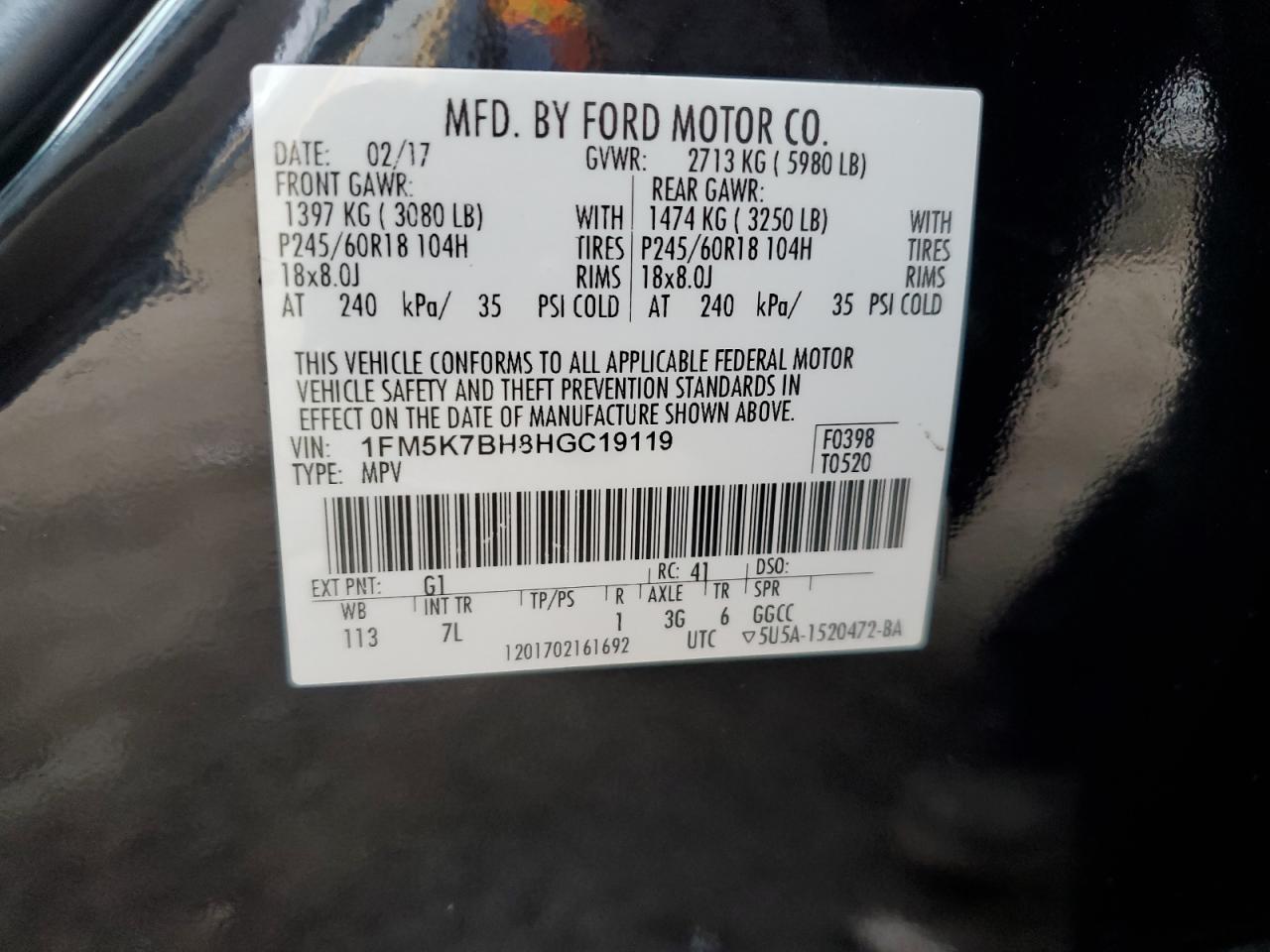 2017 Ford Explorer VIN 1FM5K7BH8HGC19119 Copart auction photo, front end / side damage thumbnail 14