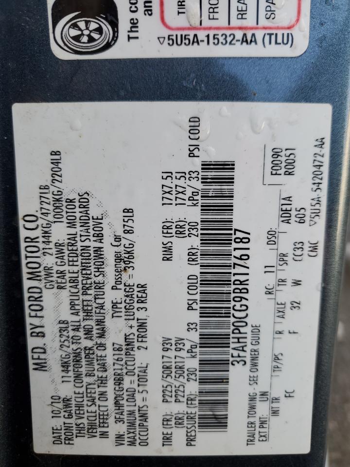 2011 Ford Fusion VIN 3FAHP0CG9BR176187 Copart auction photo, front end damage thumbnail 12